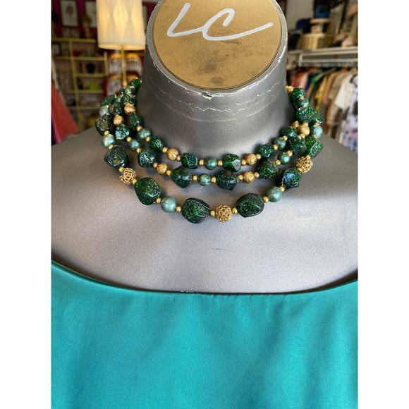vintage 1950s green glitter multi-strand necklace, 50s costume jewelry set, nye - Picture 2 of 9